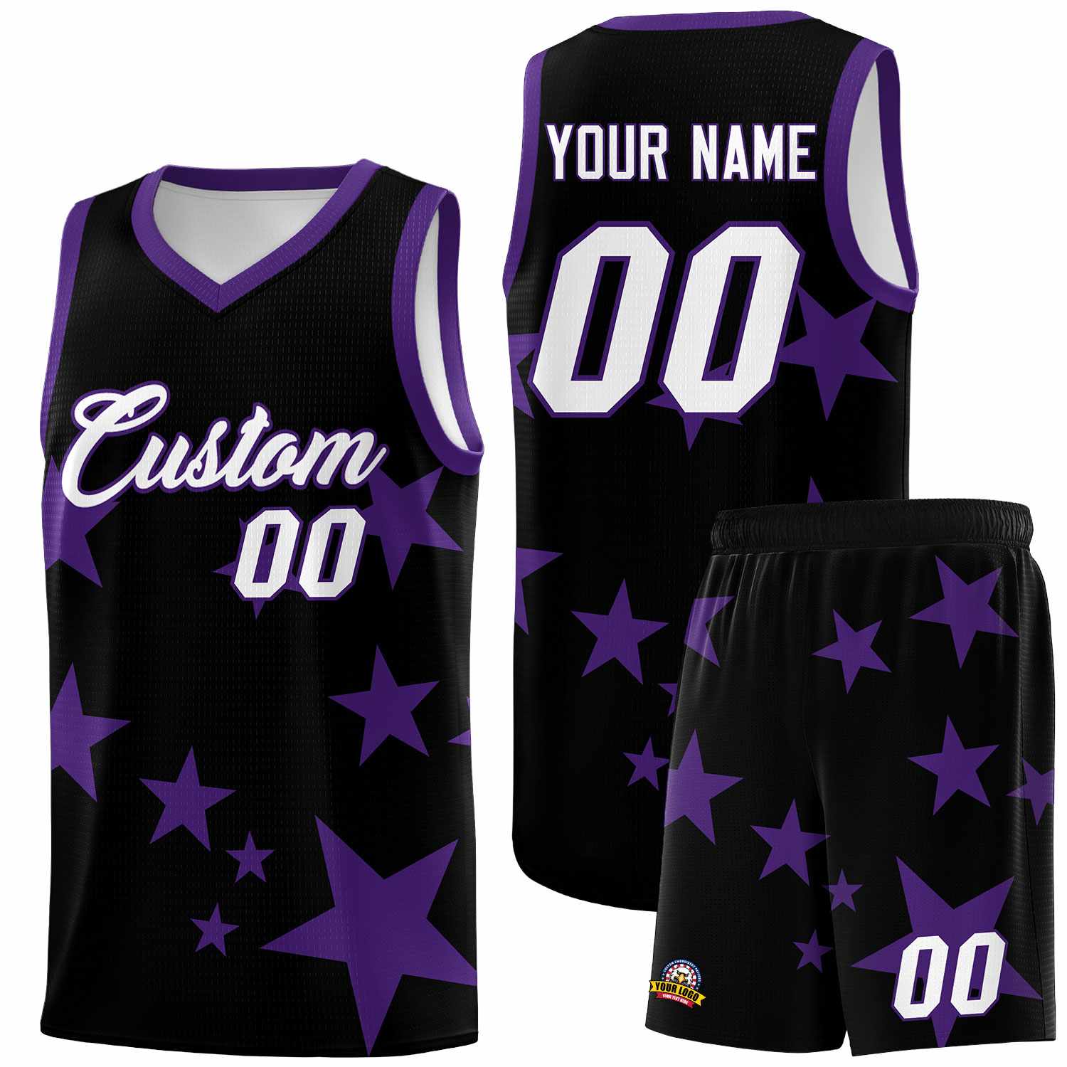 Custom Black Purple Graffiti Pattern Star Print Basketball Jersey Sets