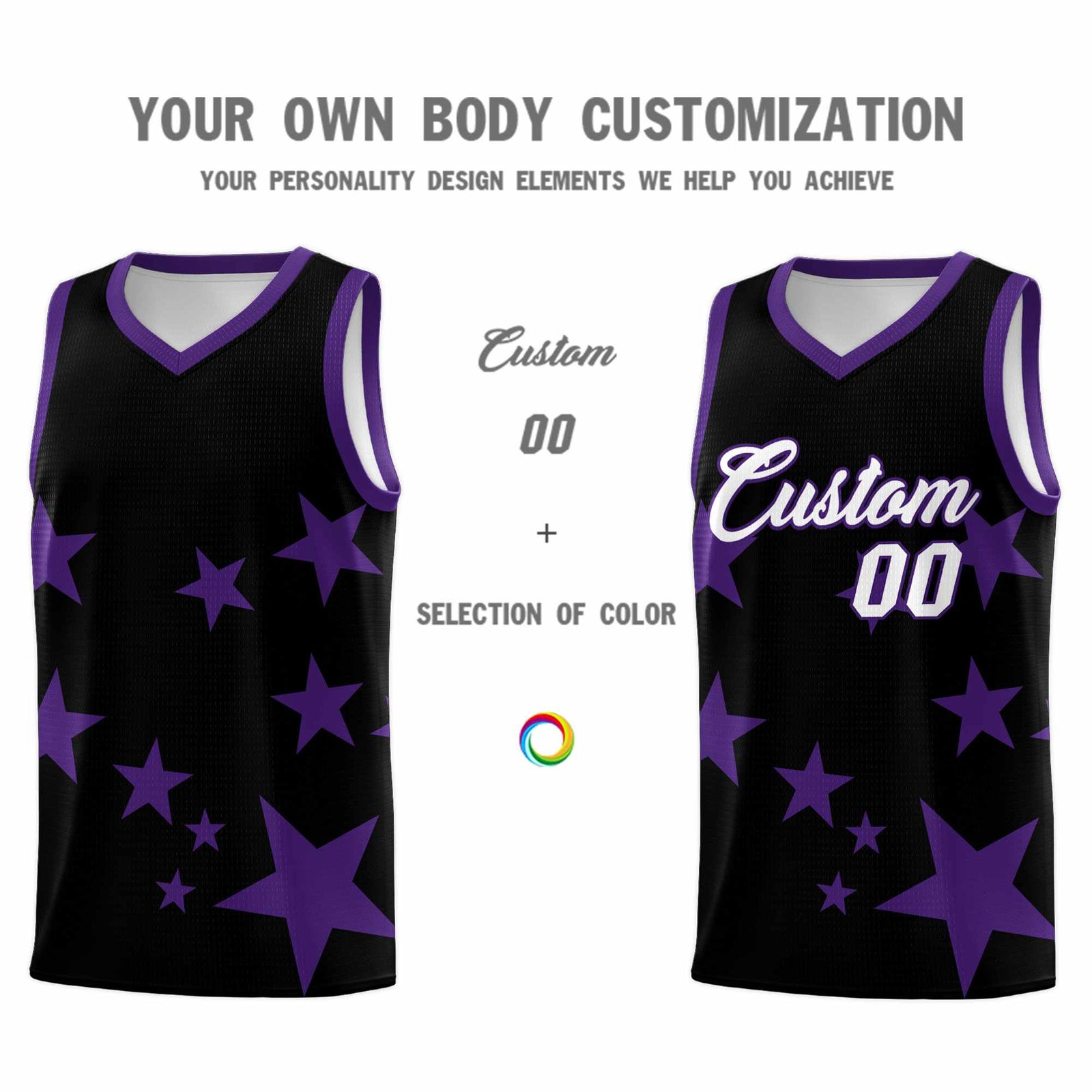 Custom Black Purple Graffiti Pattern Star Print Basketball Jersey Sets