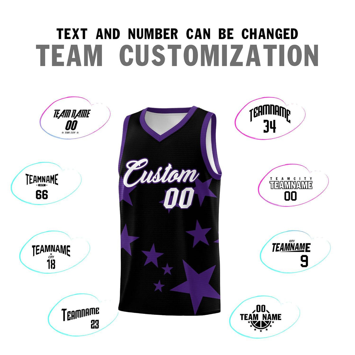 Custom Black Purple Graffiti Pattern Star Print Basketball Jersey Sets