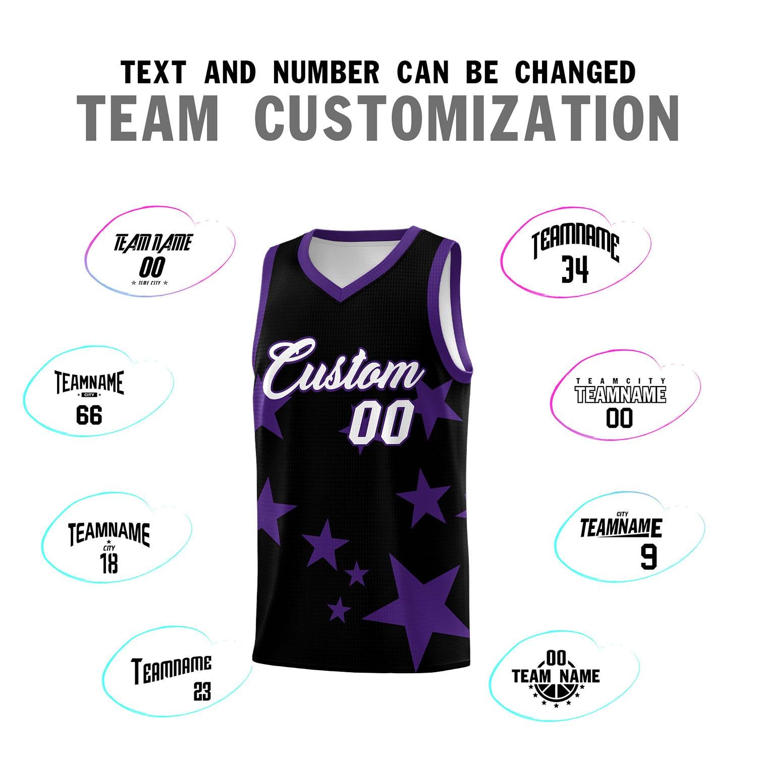 Custom Black Purple Graffiti Pattern Star Print Basketball Jersey Sets
