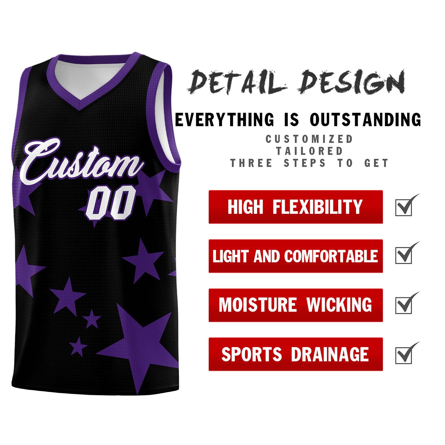 Custom Black Purple Graffiti Pattern Star Print Basketball Jersey Sets