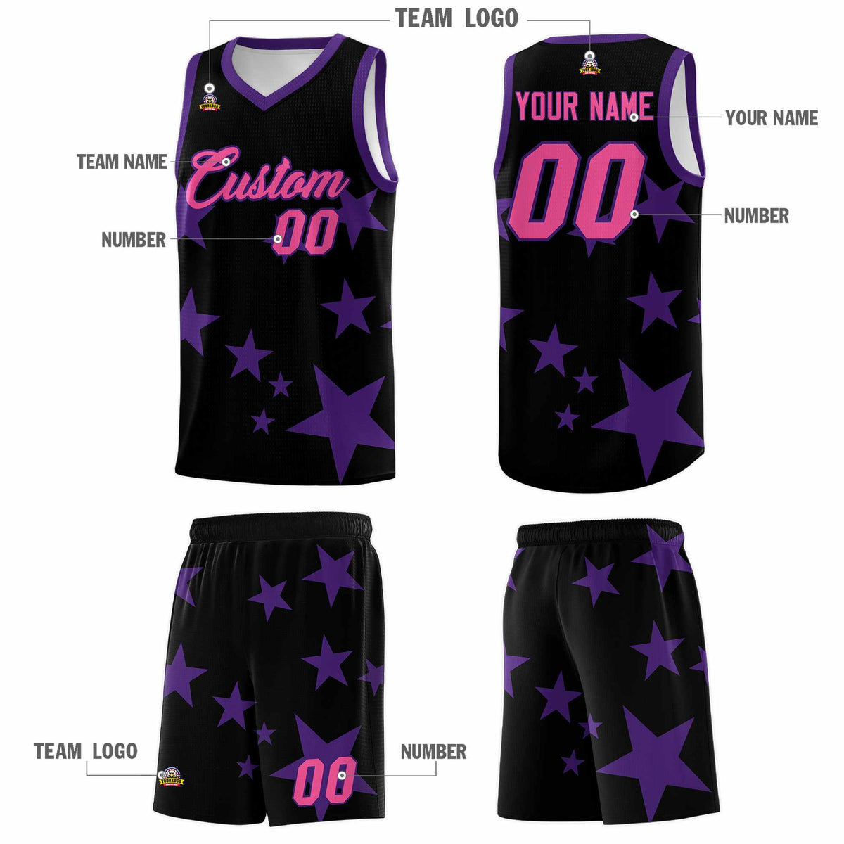 Custom Black Purple Graffiti Pattern Star Print Basketball Jersey Sets