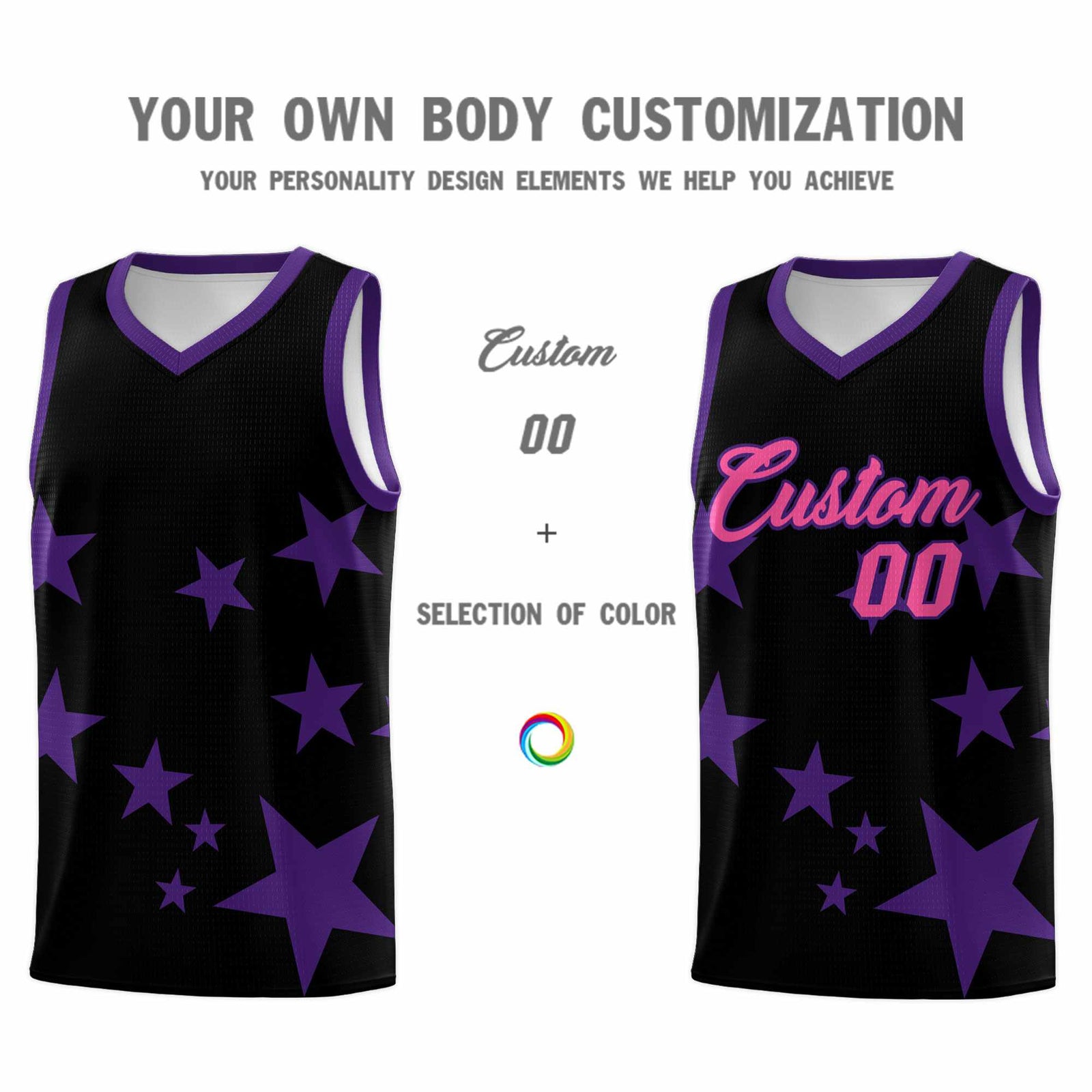 Custom Black Purple Graffiti Pattern Star Print Basketball Jersey Sets