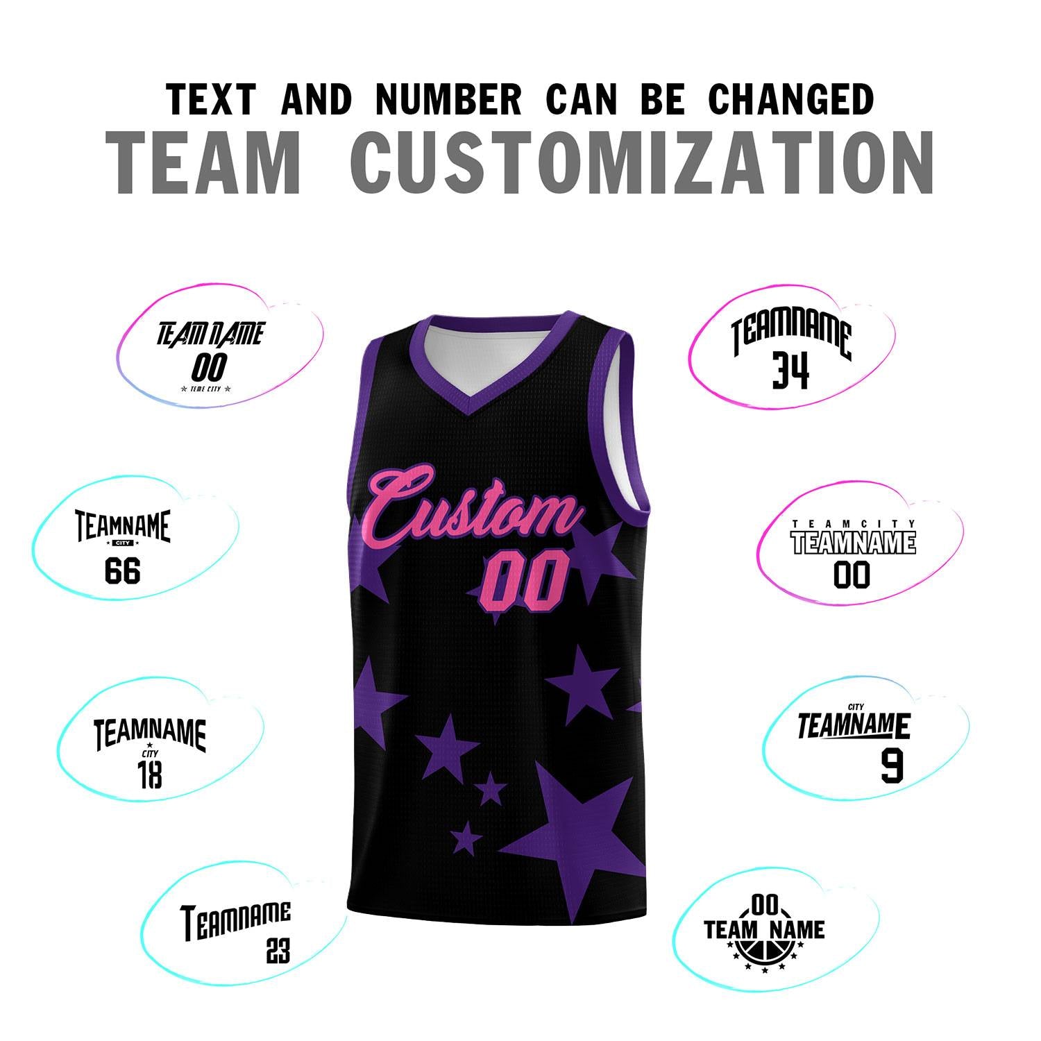 Custom Black Purple Graffiti Pattern Star Print Basketball Jersey Sets