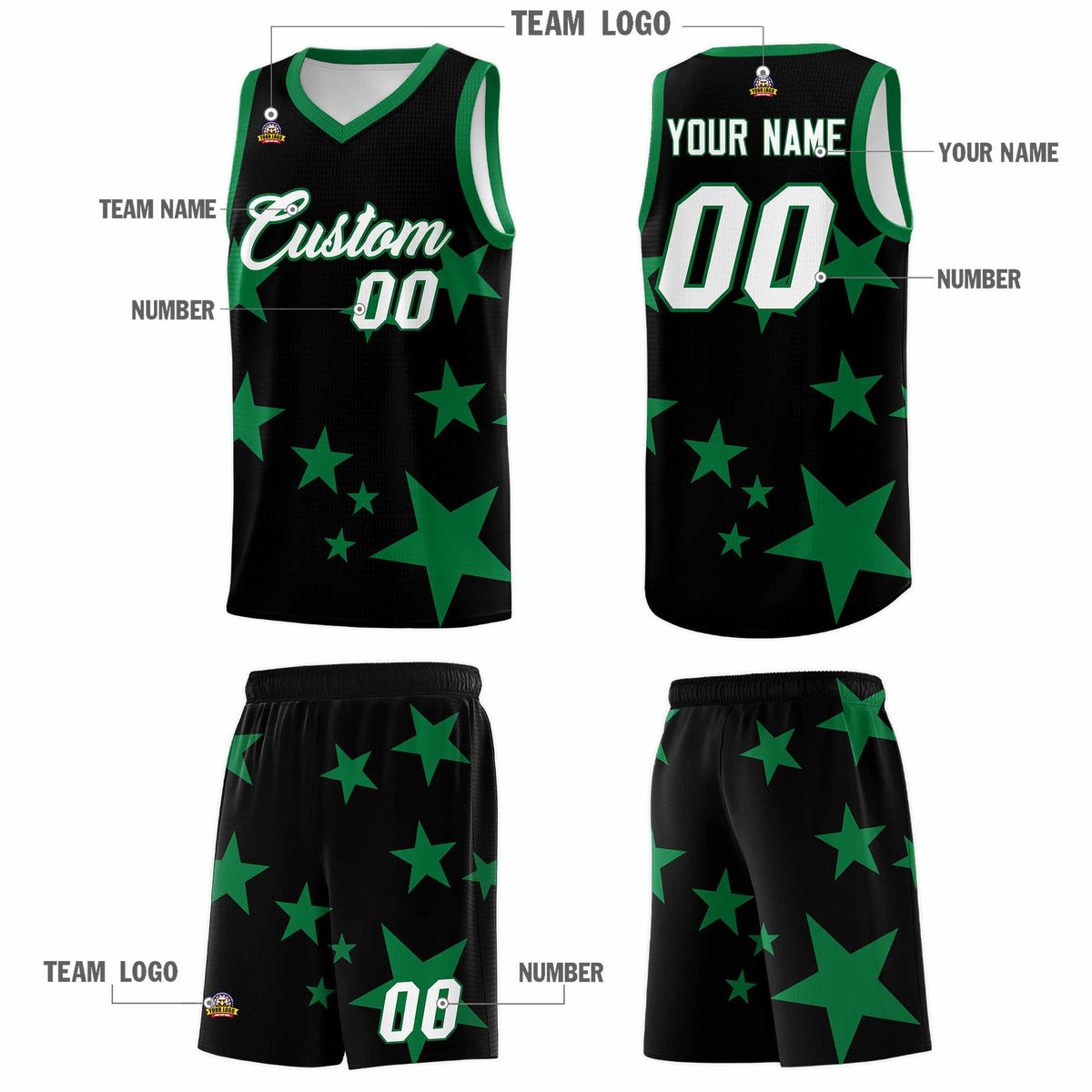 Custom Black Kelly Green Graffiti Pattern Star Print Basketball Jersey Sets