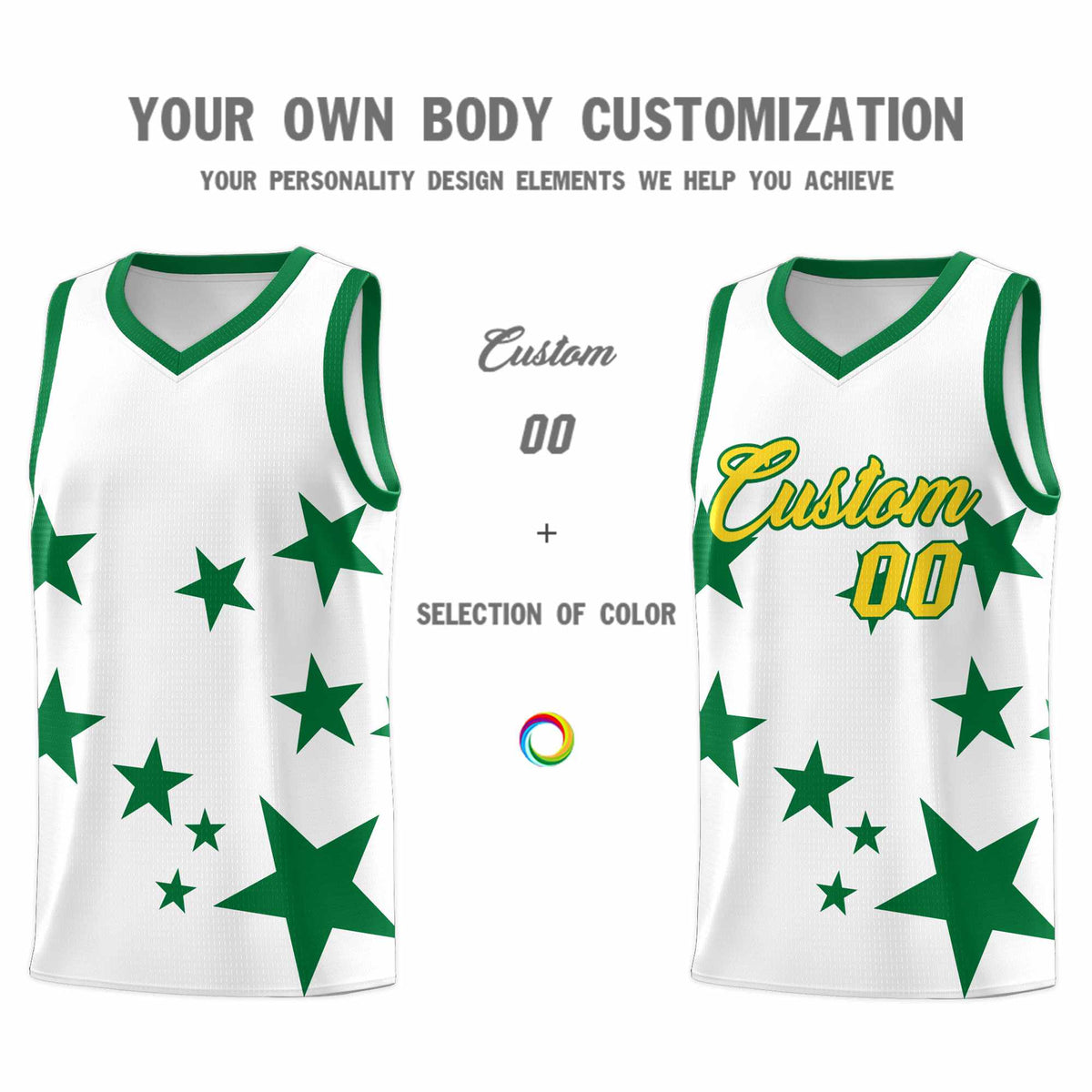 Custom White Kelly Green Graffiti Pattern Star Print Basketball Jersey Sets