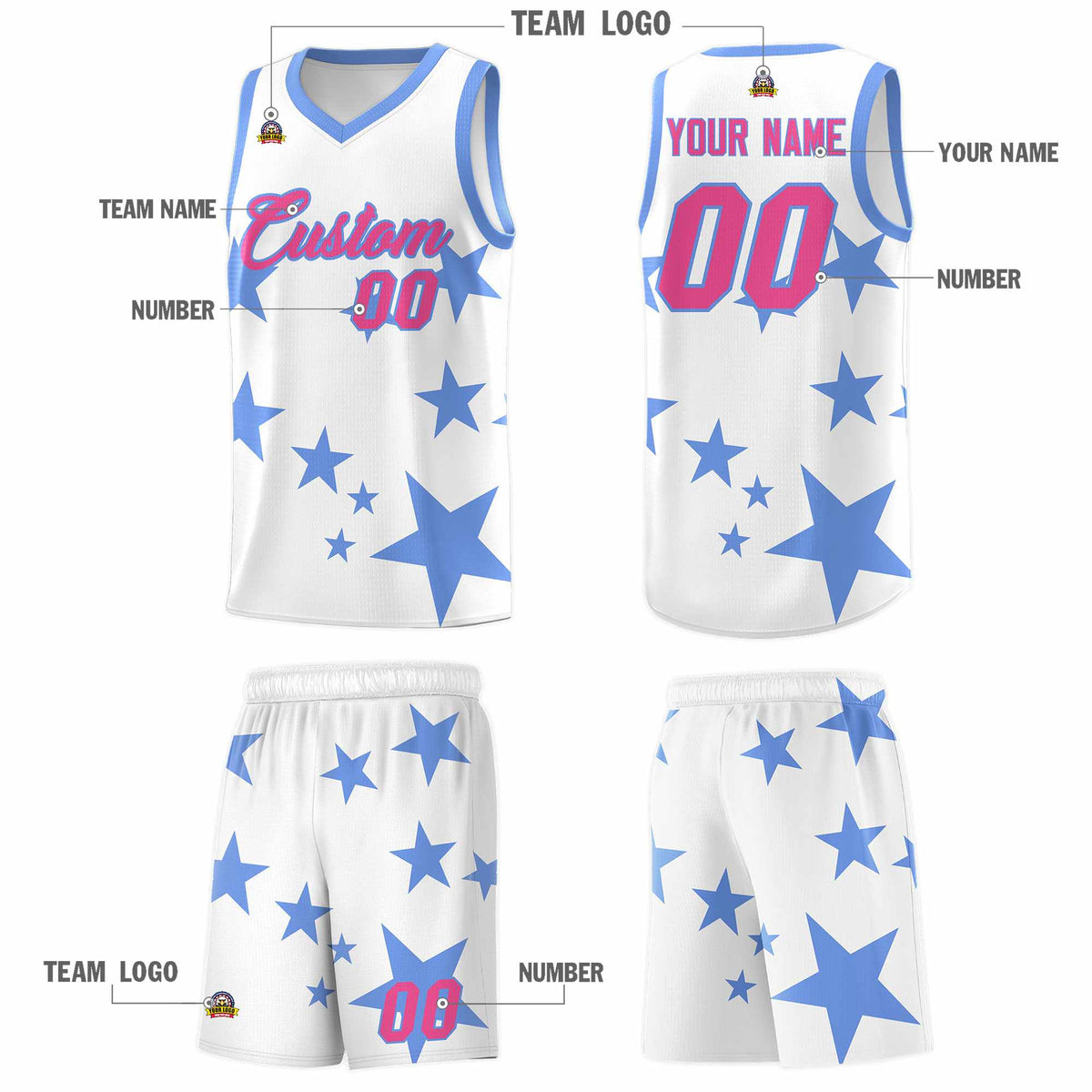 Custom White Light Blue Graffiti Pattern Star Print Basketball Jersey Sets