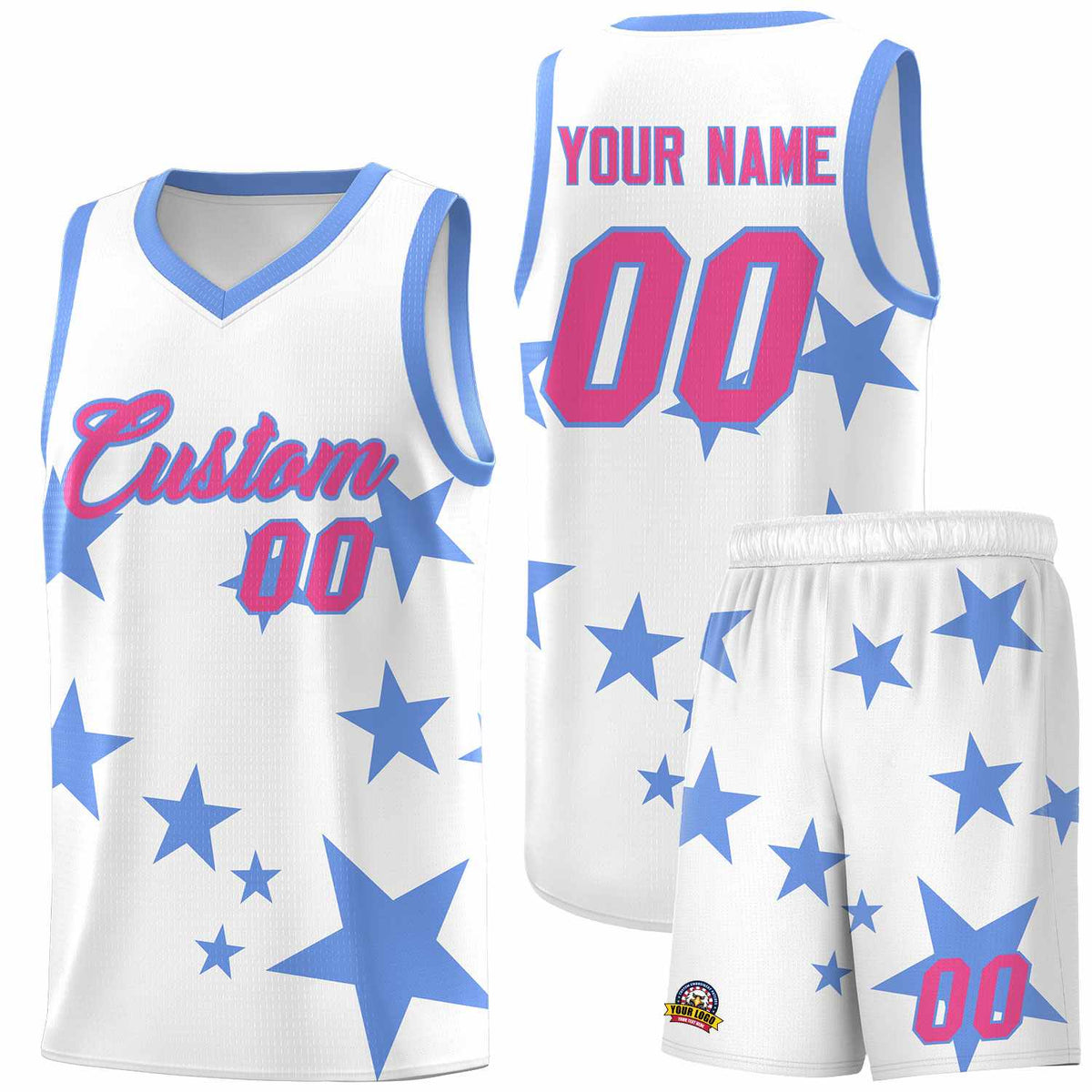 Custom White Light Blue Graffiti Pattern Star Print Basketball Jersey Sets