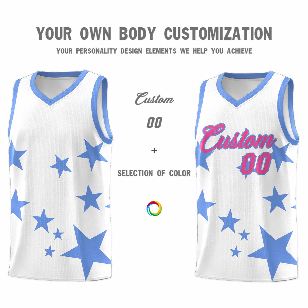 Custom White Light Blue Graffiti Pattern Star Print Basketball Jersey Sets