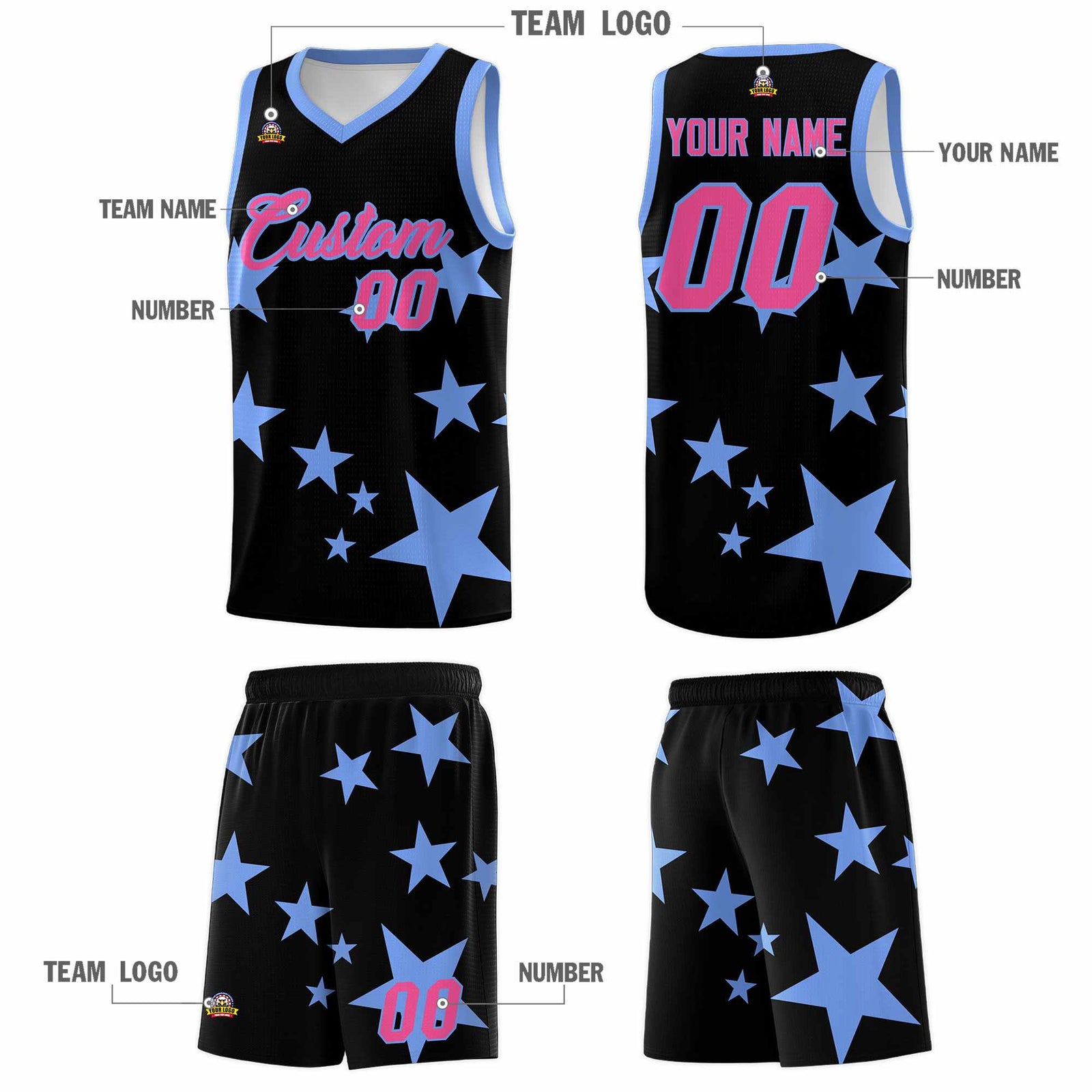Custom Black Light Blue Graffiti Pattern Star Print Basketball Jersey Sets