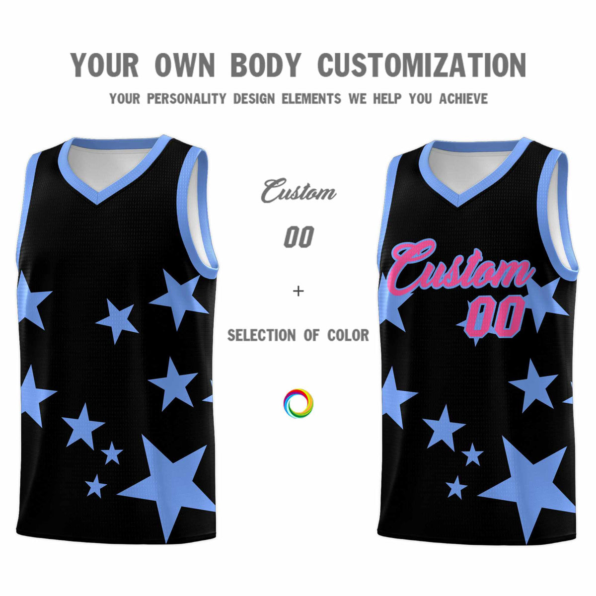 Custom Black Light Blue Graffiti Pattern Star Print Basketball Jersey Sets