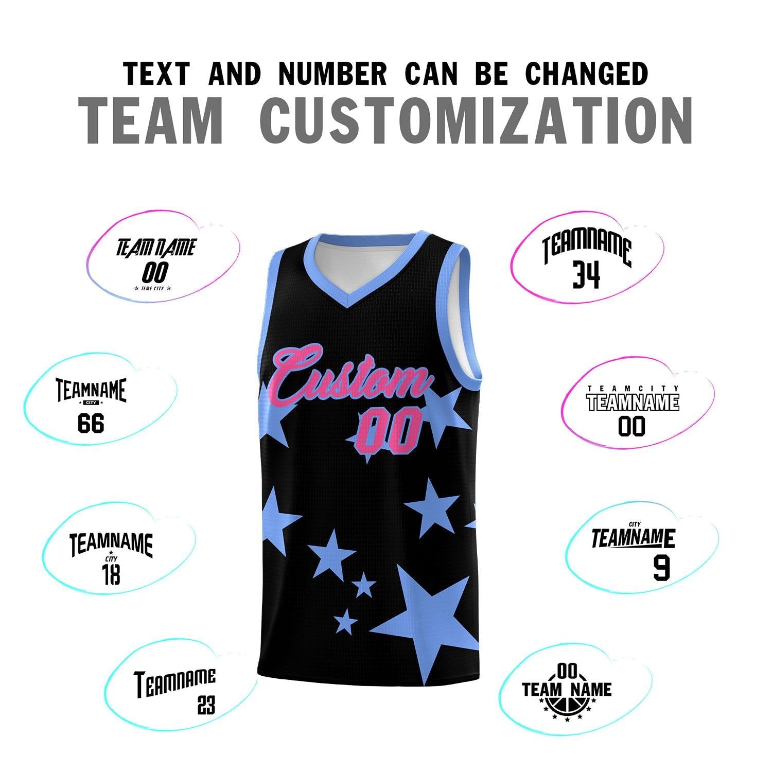Custom Black Light Blue Graffiti Pattern Star Print Basketball Jersey Sets