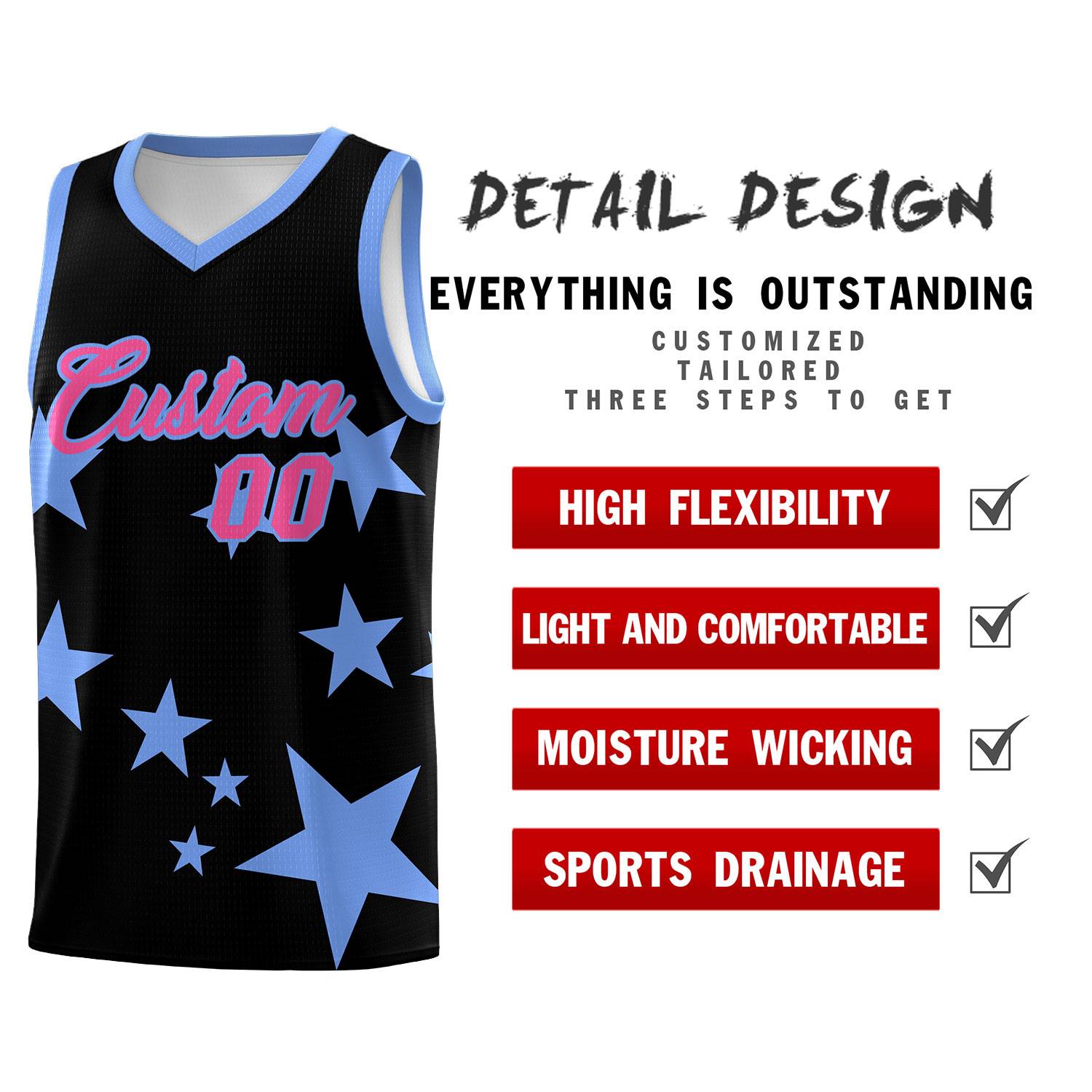 Custom Black Light Blue Graffiti Pattern Star Print Basketball Jersey Sets