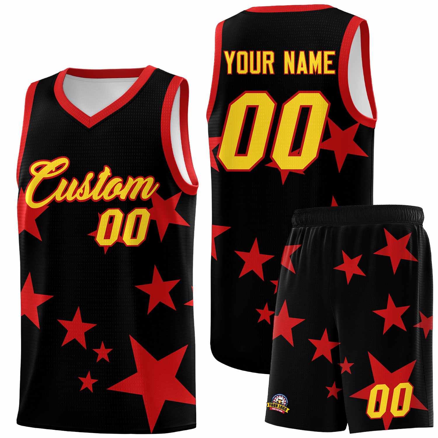 Custom Black Red Graffiti Pattern Star Print Basketball Jersey Sets