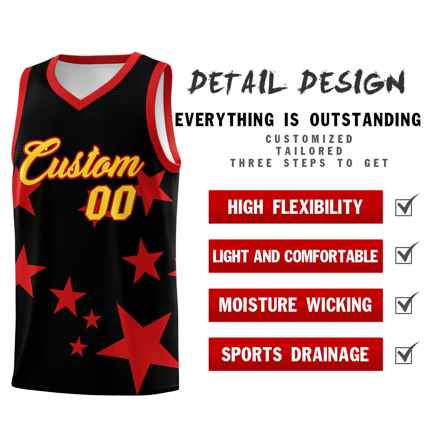 Custom Black Red Graffiti Pattern Star Print Basketball Jersey Sets