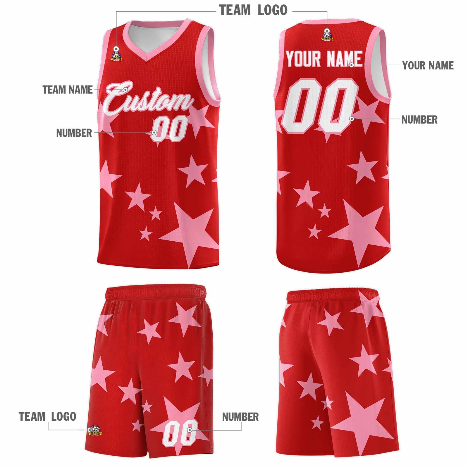 Custom Red Light Pink Graffiti Pattern Star Print Basketball Jersey Sets