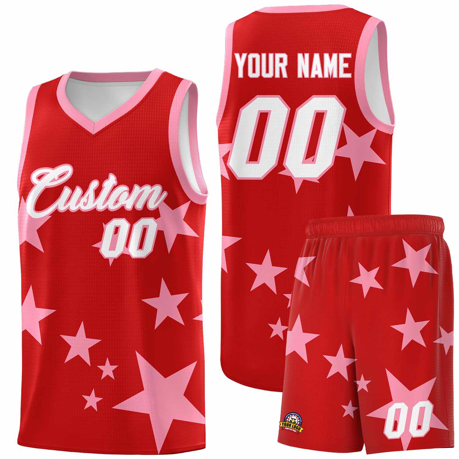 Custom Red Light Pink Graffiti Pattern Star Print Basketball Jersey Sets