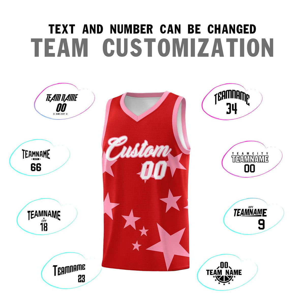 Custom Red Light Pink Graffiti Pattern Star Print Basketball Jersey Sets