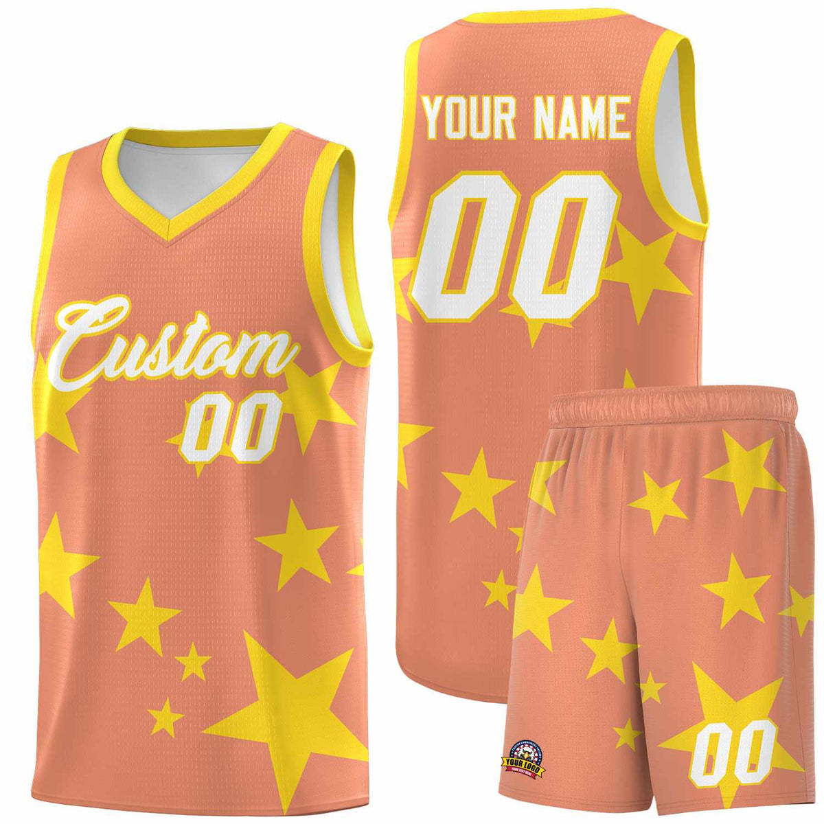Custom Light Orange Gold Graffiti Pattern Star Print Basketball Jersey Sets