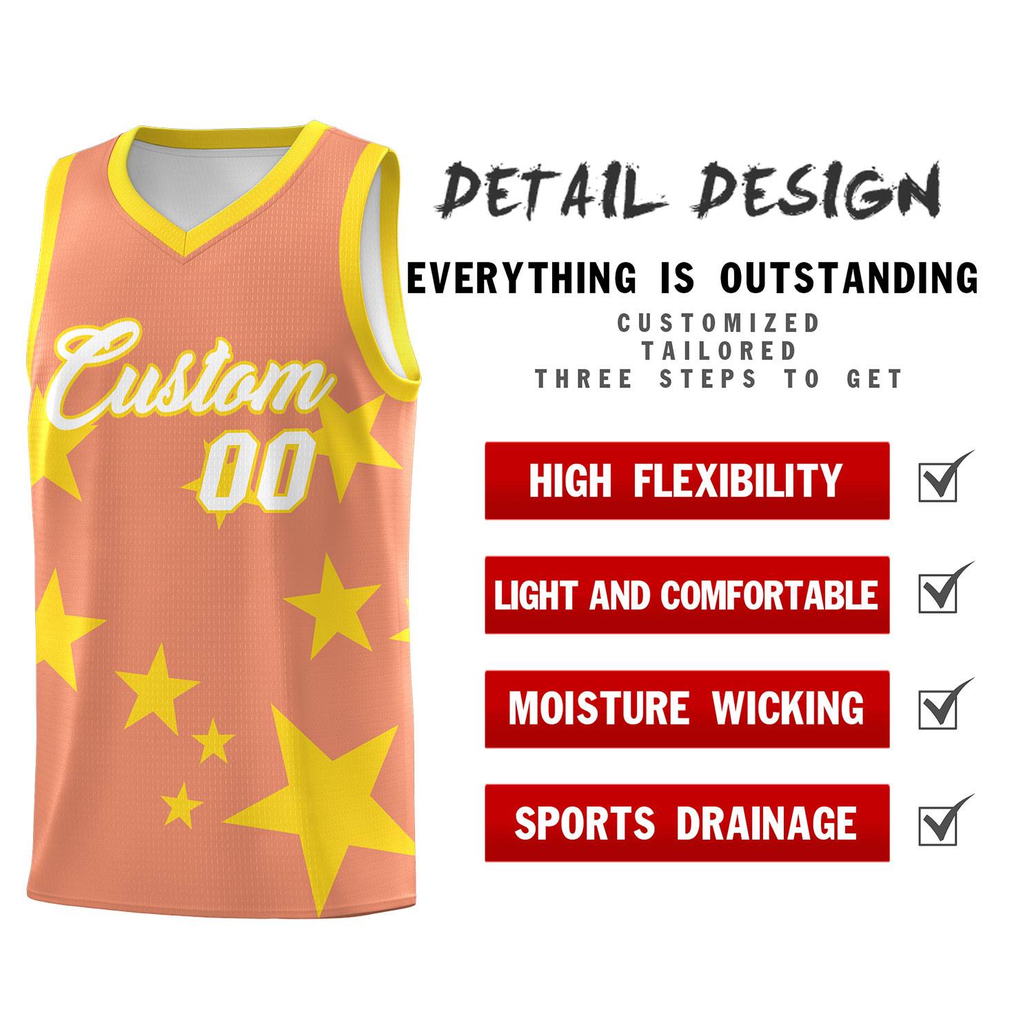 Custom Light Orange Gold Graffiti Pattern Star Print Basketball Jersey Sets