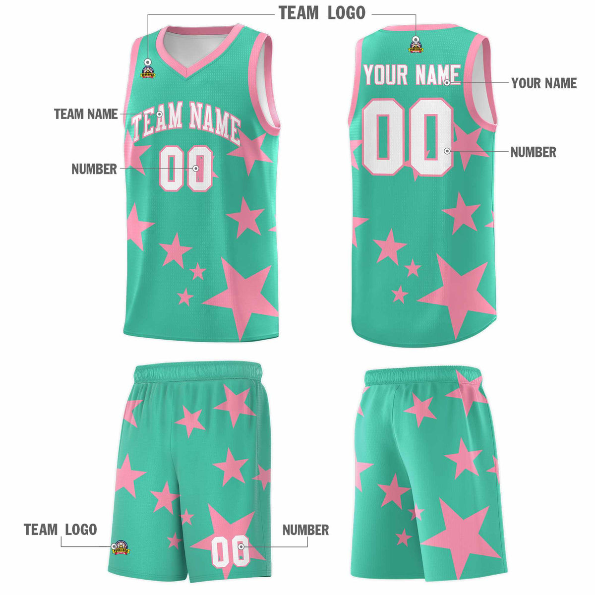 Custom Bright Green Light Pink Graffiti Pattern Star Print Basketball Jersey Sets