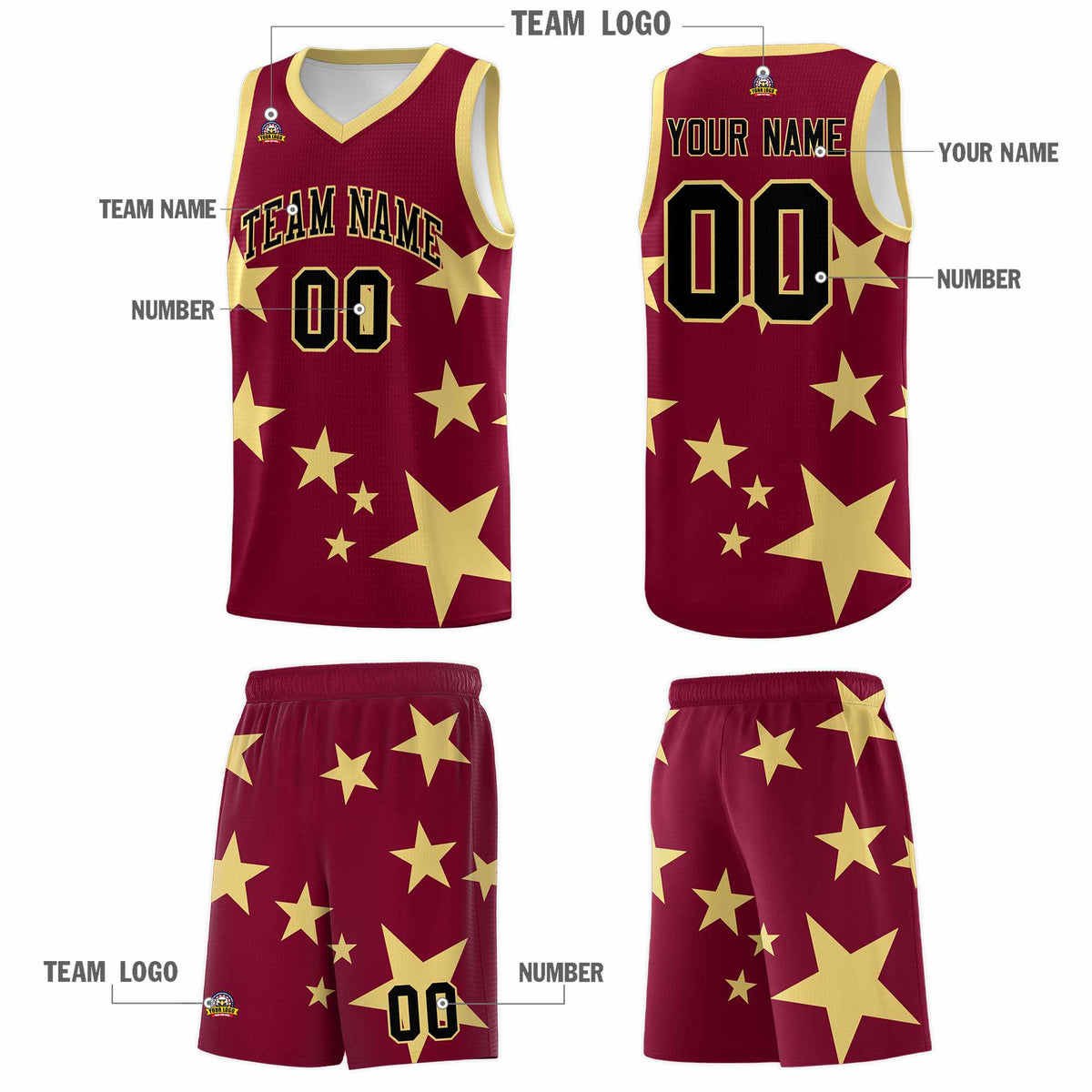 Custom Crimson Khaki Graffiti Pattern Star Print Basketball Jersey Sets