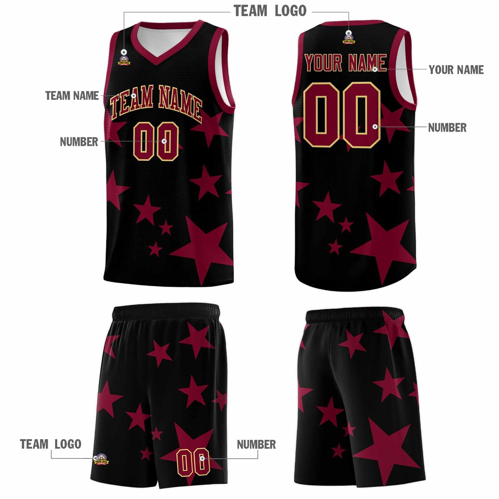 Custom Black Crimson Graffiti Pattern Star Print Basketball Jersey Sets
