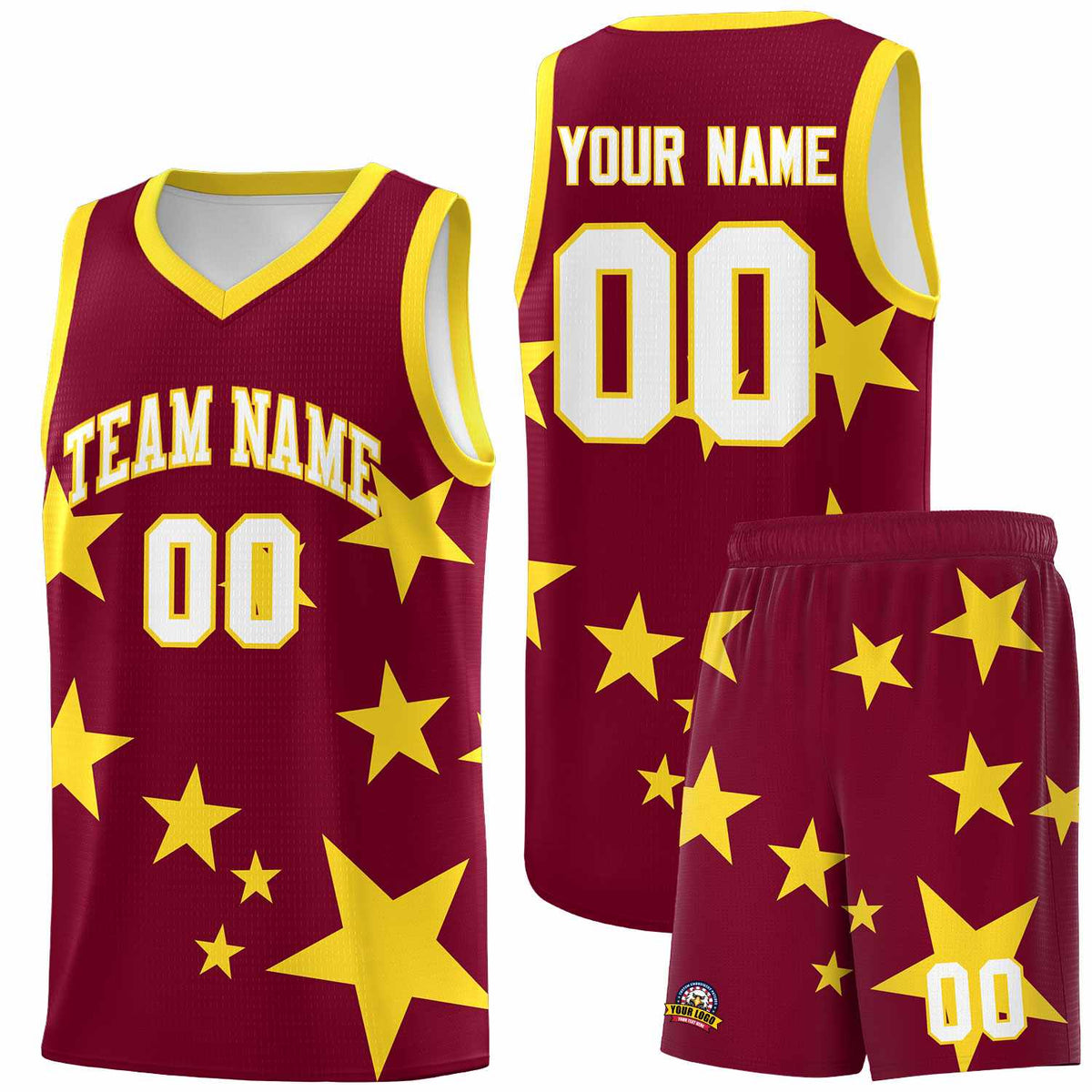 Custom Crimson Gold Graffiti Pattern Star Print Basketball Jersey Sets
