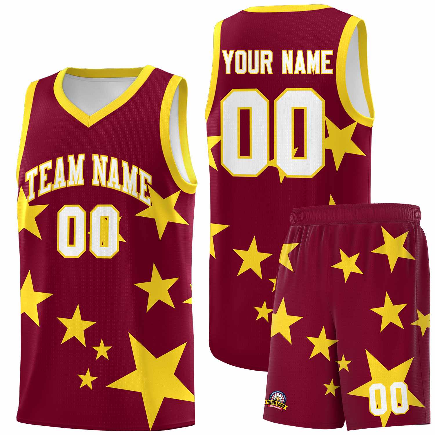 Custom Crimson Gold Graffiti Pattern Star Print Basketball Jersey Sets