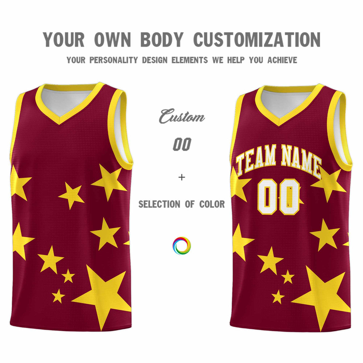 Custom Crimson Gold Graffiti Pattern Star Print Basketball Jersey Sets