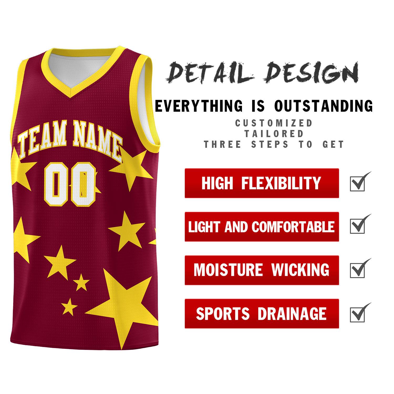 Custom Crimson Gold Graffiti Pattern Star Print Basketball Jersey Sets