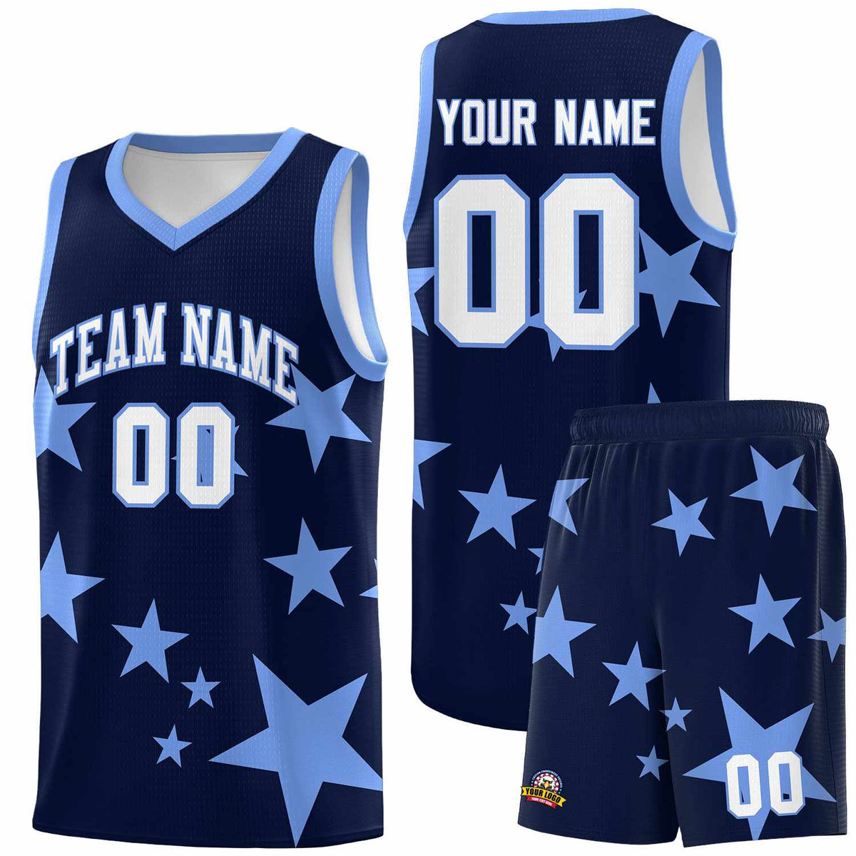 Custom Navy Light Blue Graffiti Pattern Star Print Basketball Jersey Sets