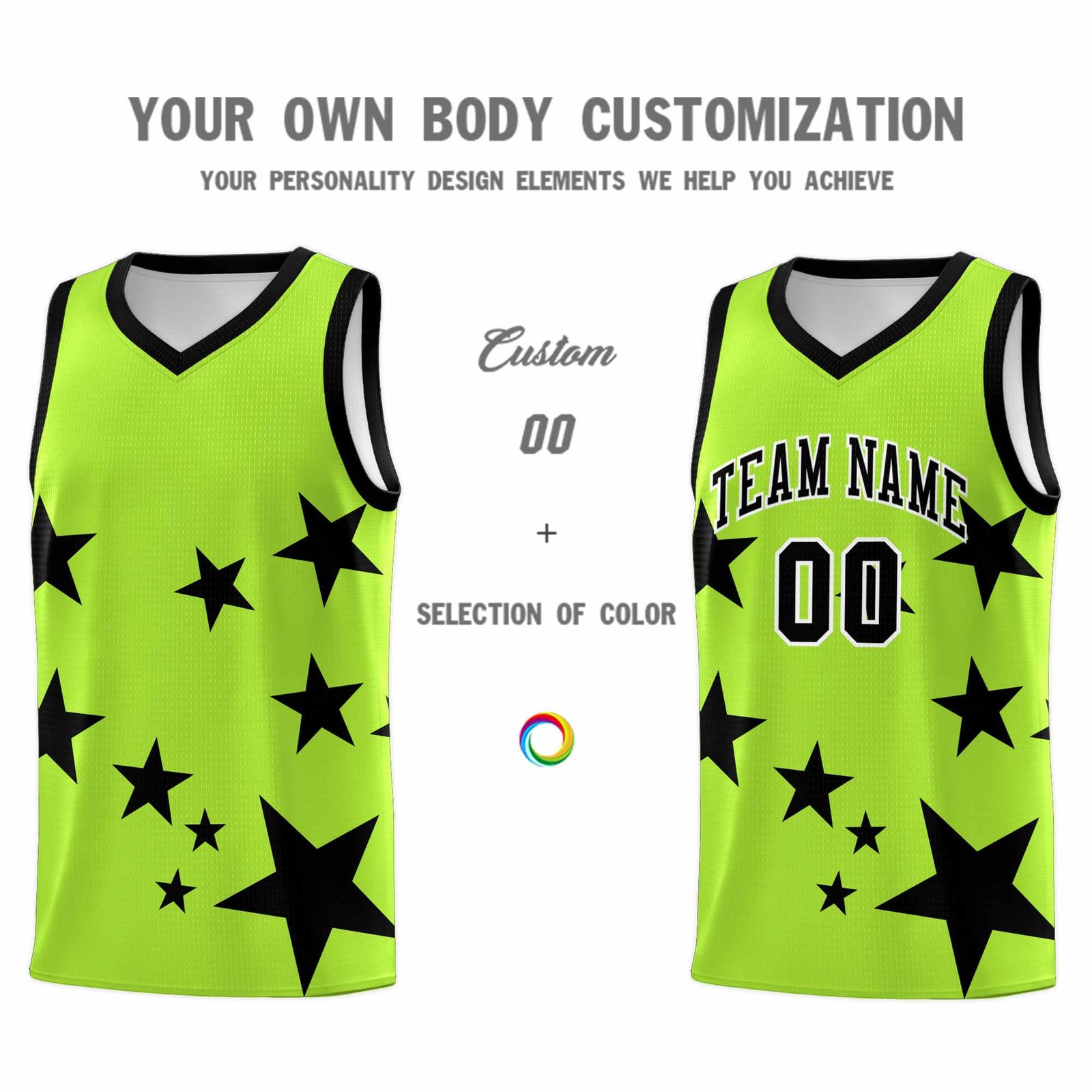 Custom Light Green Black Graffiti Pattern Star Print Basketball Jersey Sets