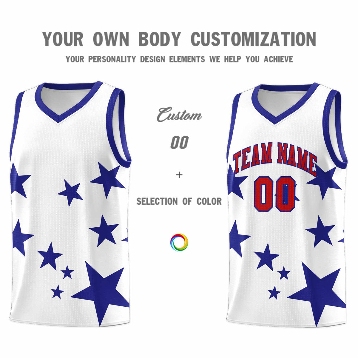 Custom White Royal Graffiti Pattern Star Print Basketball Jersey Sets