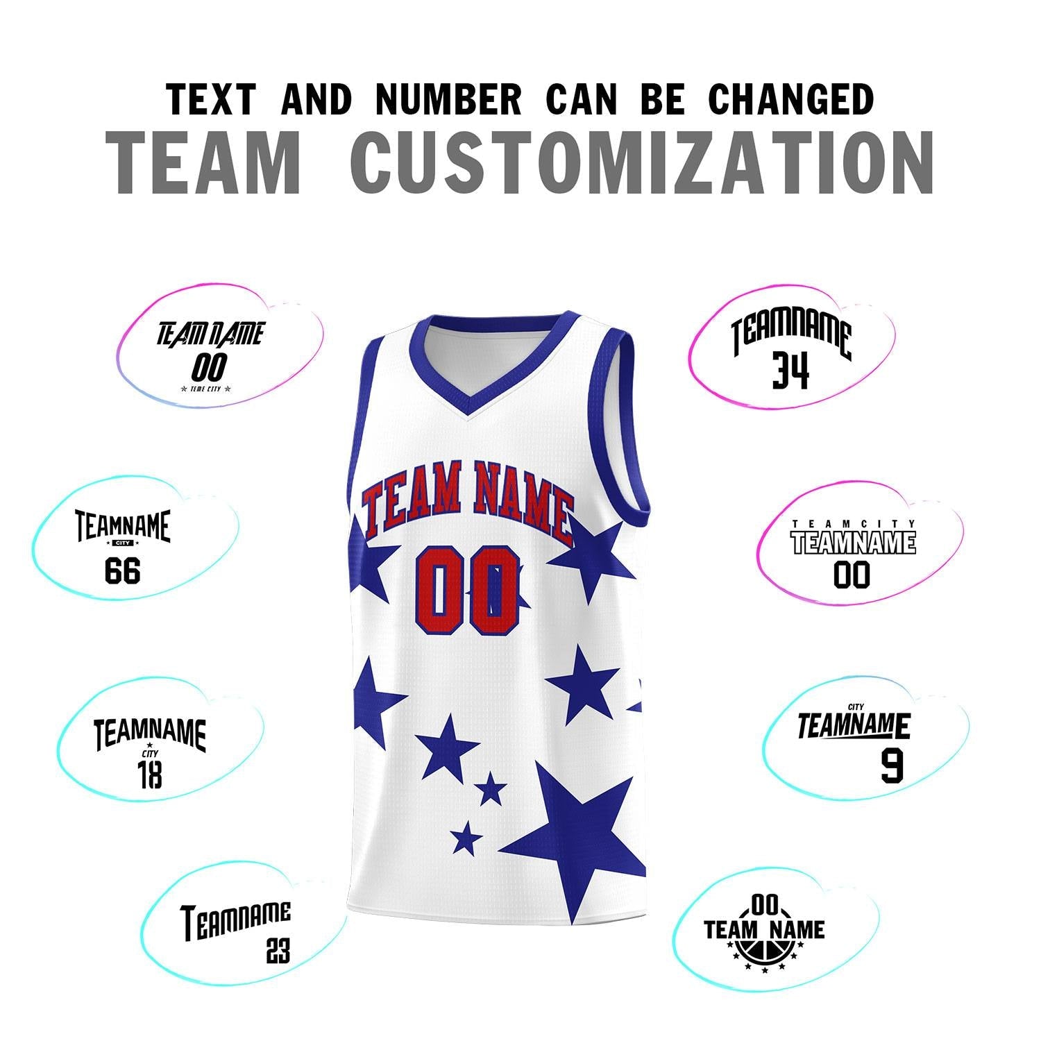 Custom White Royal Graffiti Pattern Star Print Basketball Jersey Sets