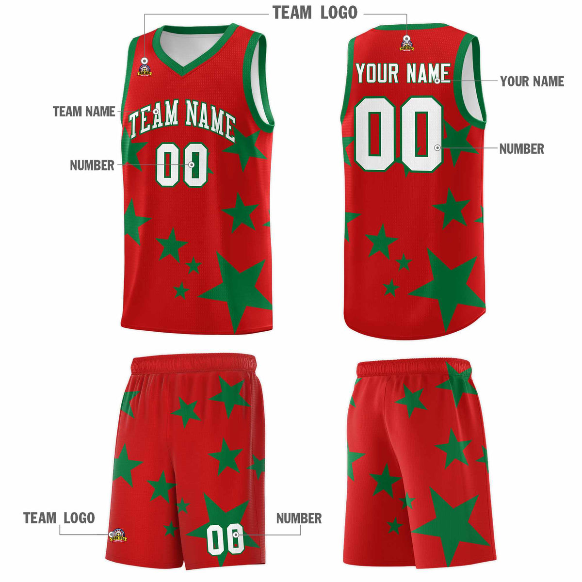 Custom Red Kelly Green Graffiti Pattern Star Print Basketball Jersey Sets