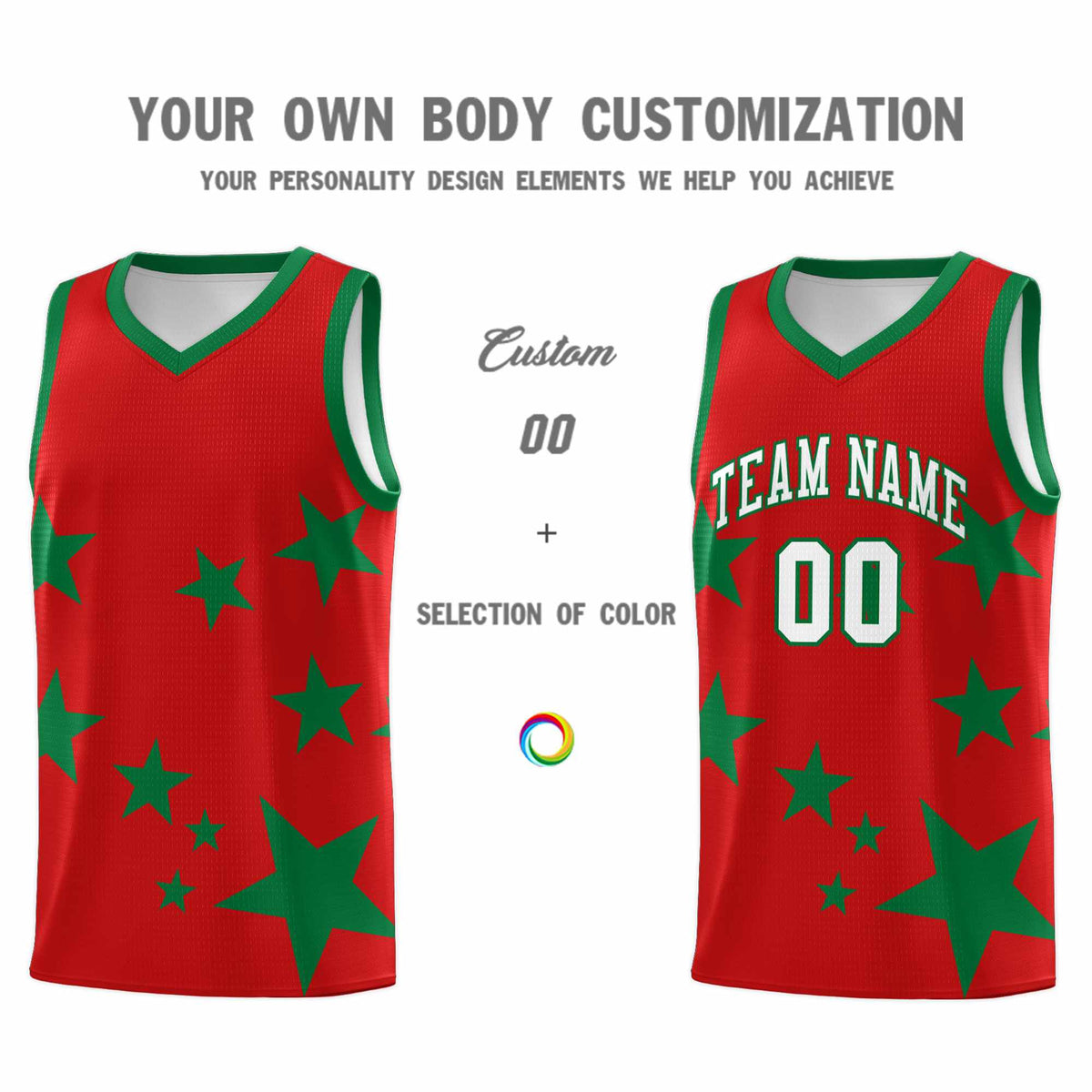 Custom Red Kelly Green Graffiti Pattern Star Print Basketball Jersey Sets