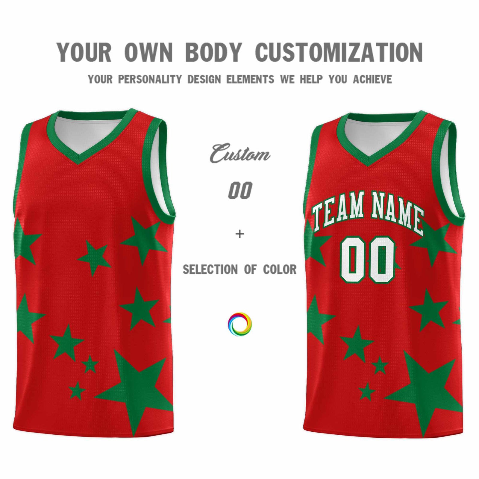 Custom Red Kelly Green Graffiti Pattern Star Print Basketball Jersey Sets