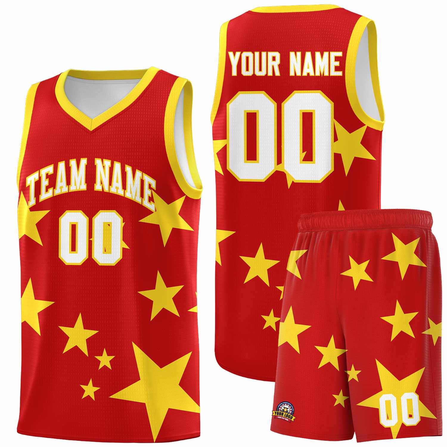 Custom Red Gold Graffiti Pattern Star Print Basketball Jersey Sets