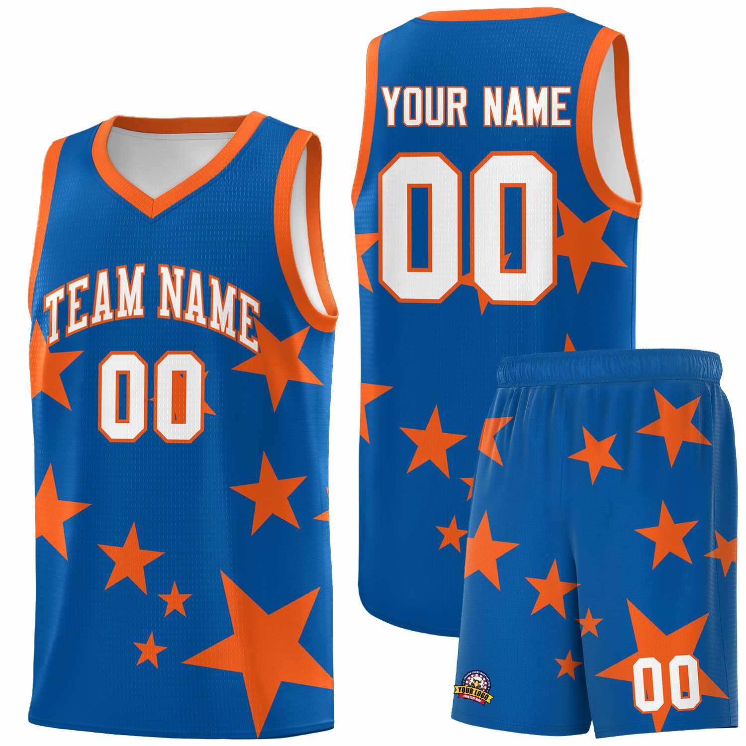 Custom Royal Orange Graffiti Pattern Star Print Basketball Jersey Sets