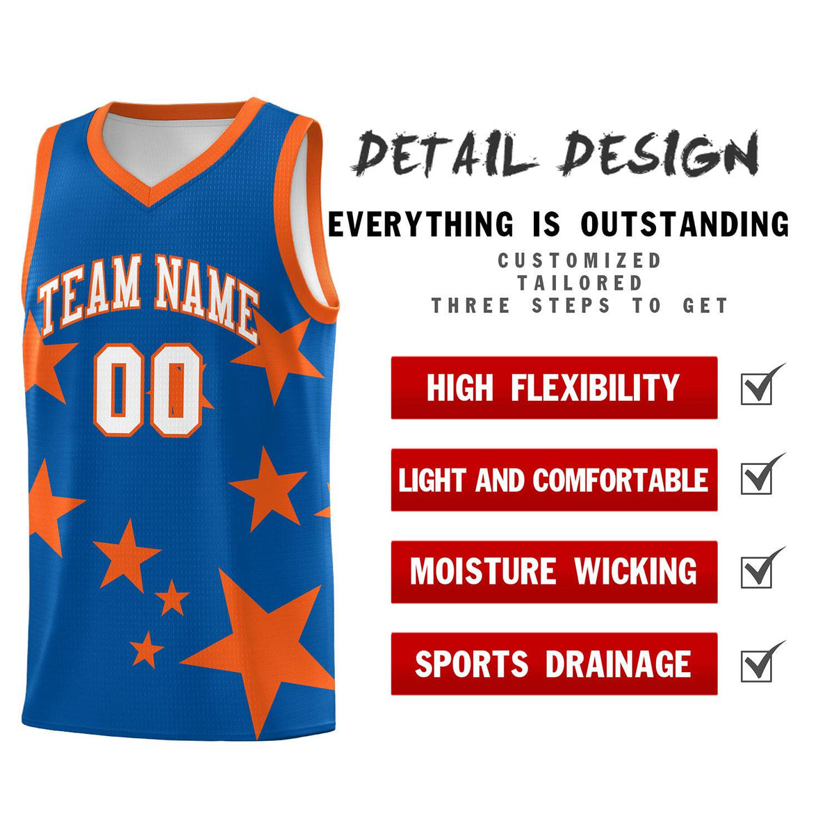 Custom Royal Orange Graffiti Pattern Star Print Basketball Jersey Sets