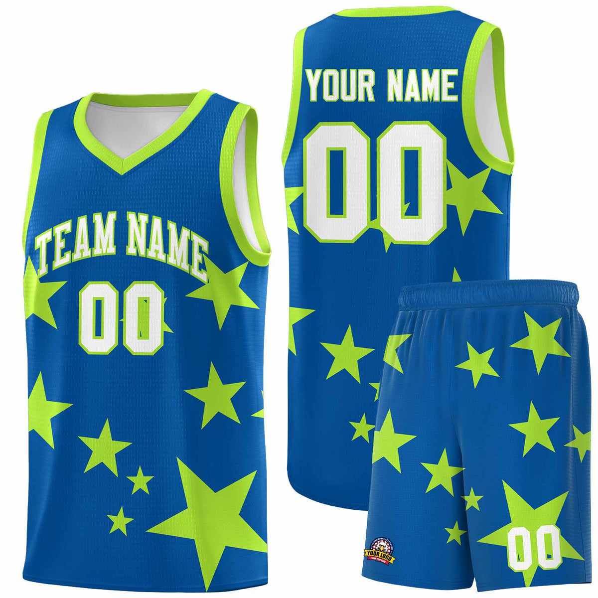 Custom Royal Light Green Graffiti Pattern Star Print Basketball Jersey Sets