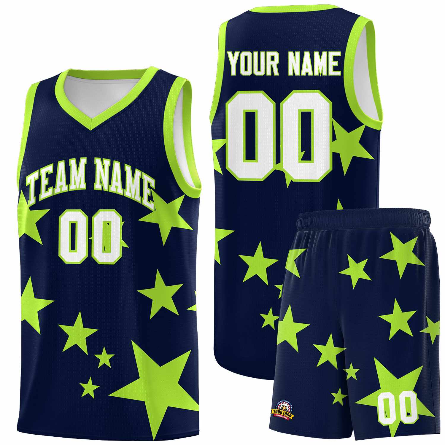 Custom Navy Light Green Graffiti Pattern Star Print Basketball Jersey Sets