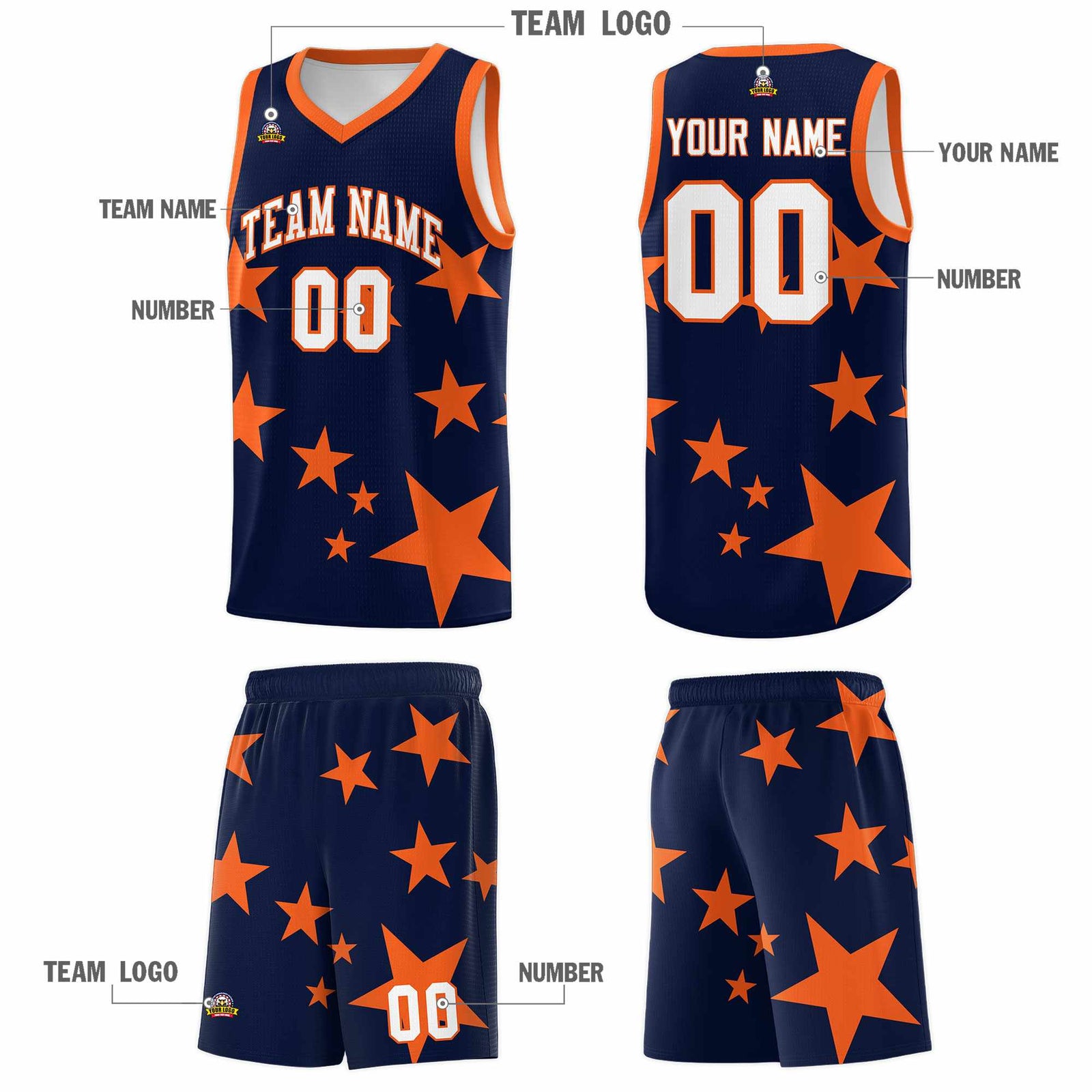 Custom Navy Orange Graffiti Pattern Star Print Basketball Jersey Sets