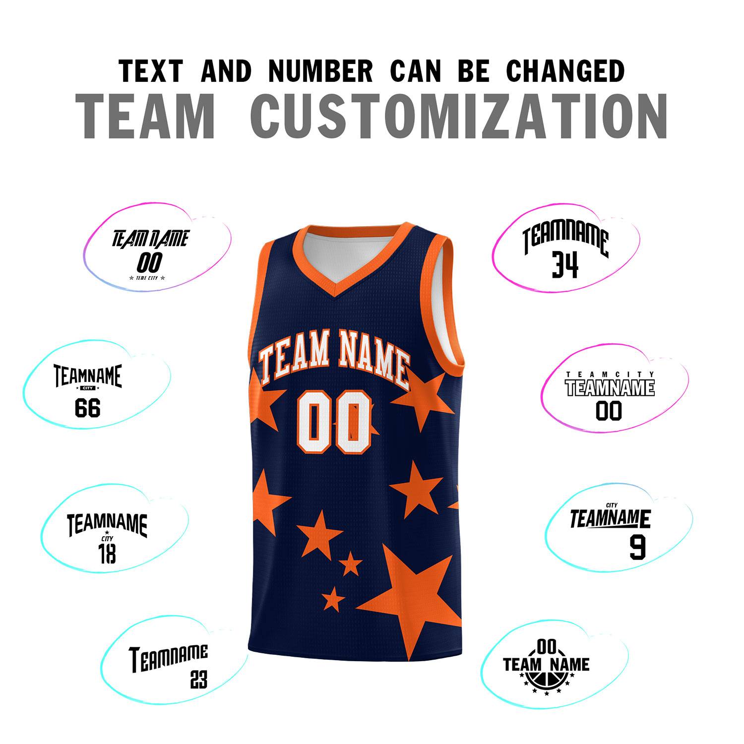 Custom Navy Orange Graffiti Pattern Star Print Basketball Jersey Sets