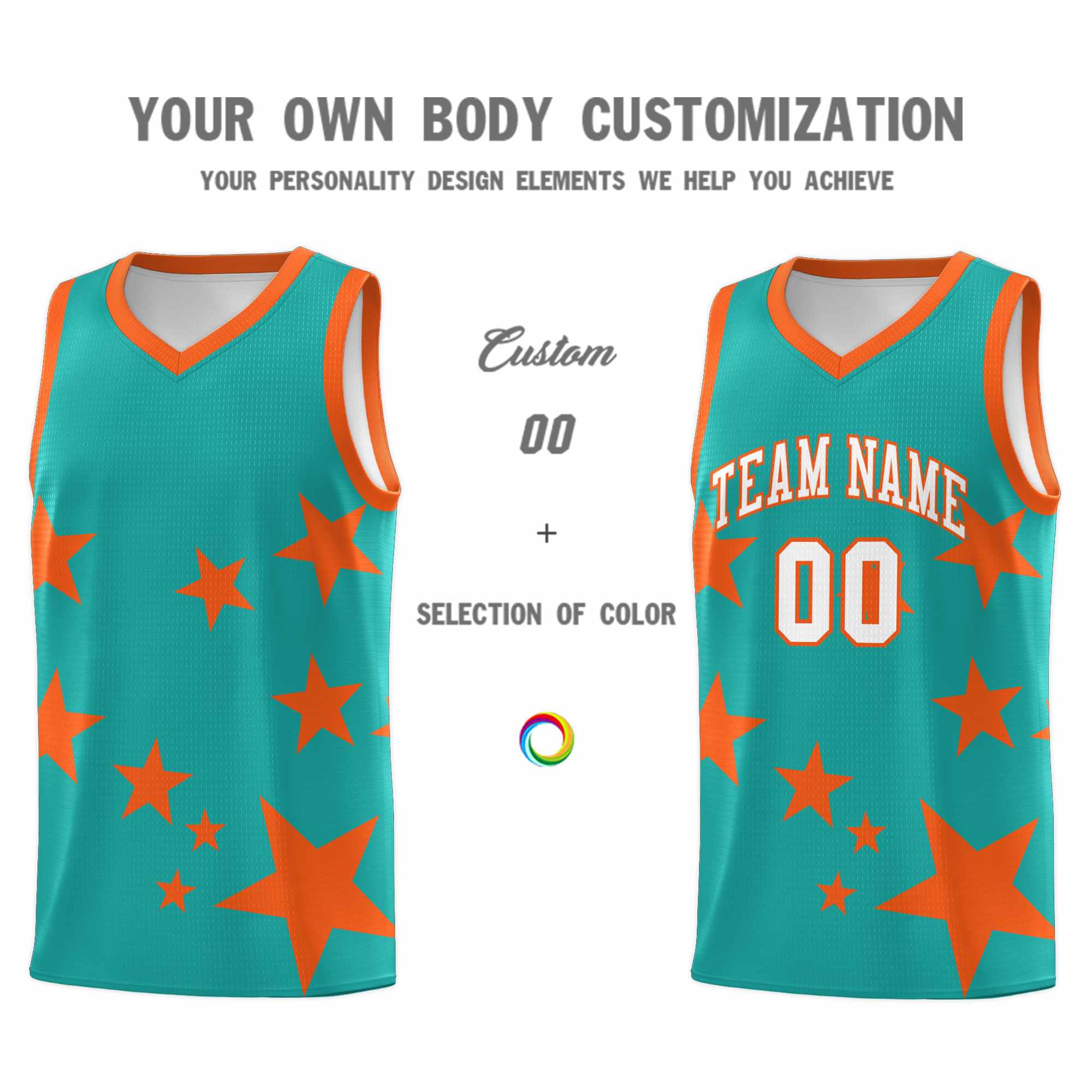 Custom Aqua Orange Graffiti Pattern Star Print Basketball Jersey Sets