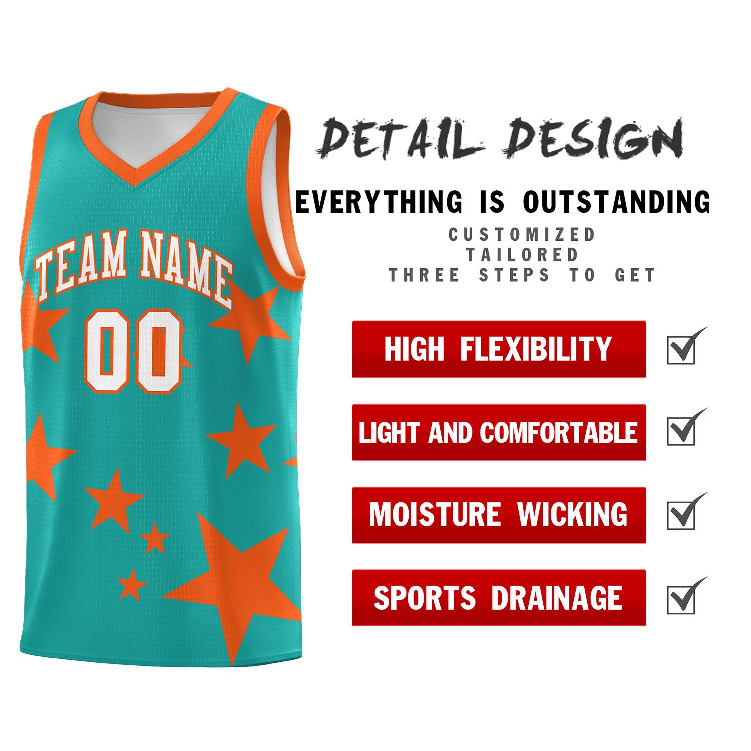 Custom Aqua Orange Graffiti Pattern Star Print Basketball Jersey Sets