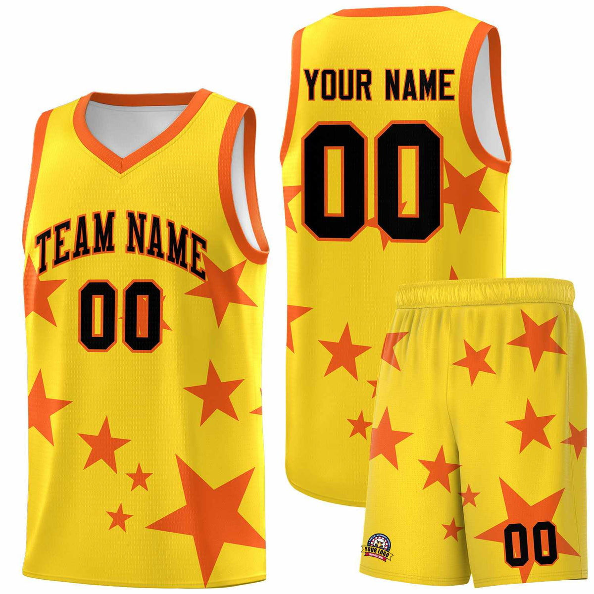 Custom Gold Orange Graffiti Pattern Star Print Basketball Jersey Sets