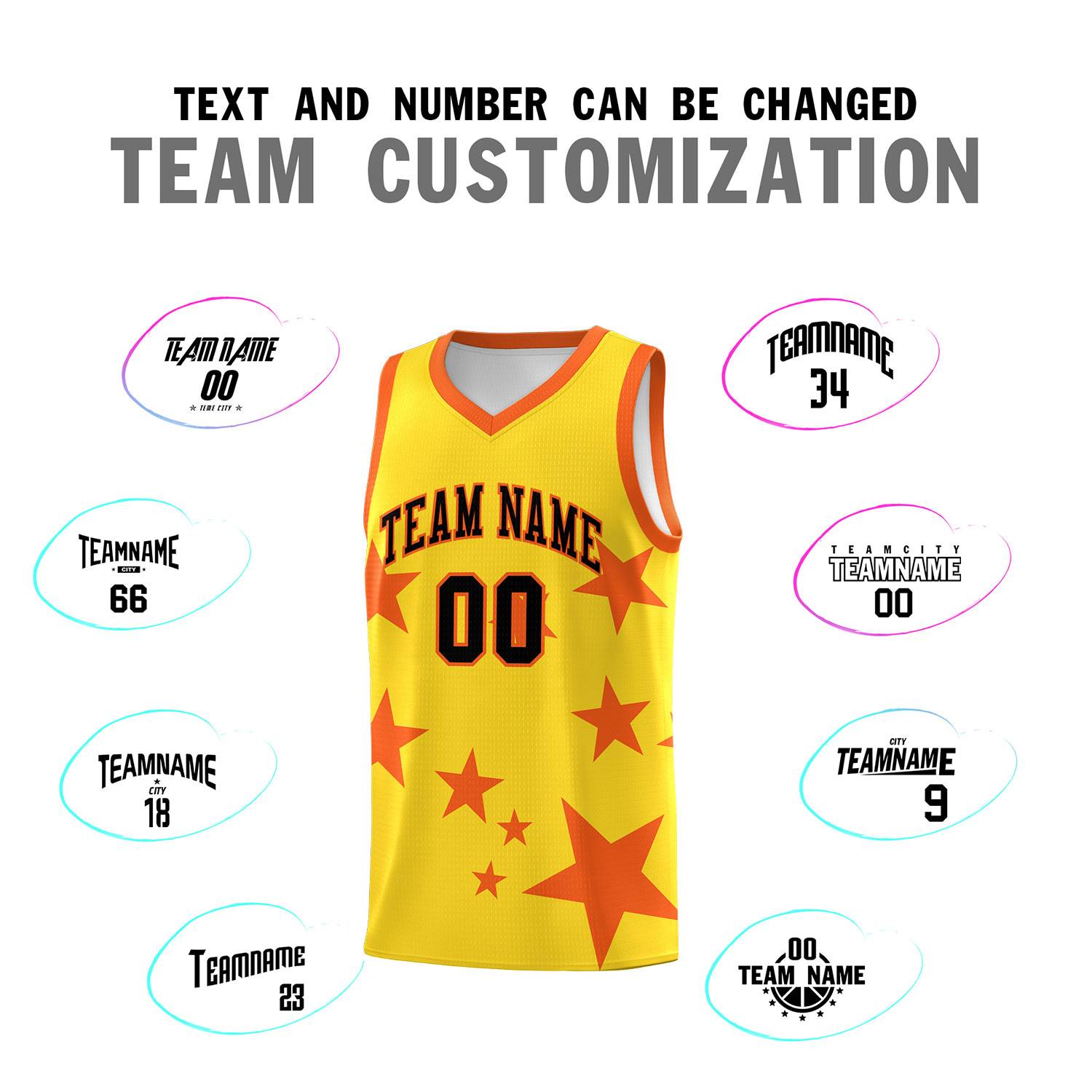 Custom Gold Orange Graffiti Pattern Star Print Basketball Jersey Sets