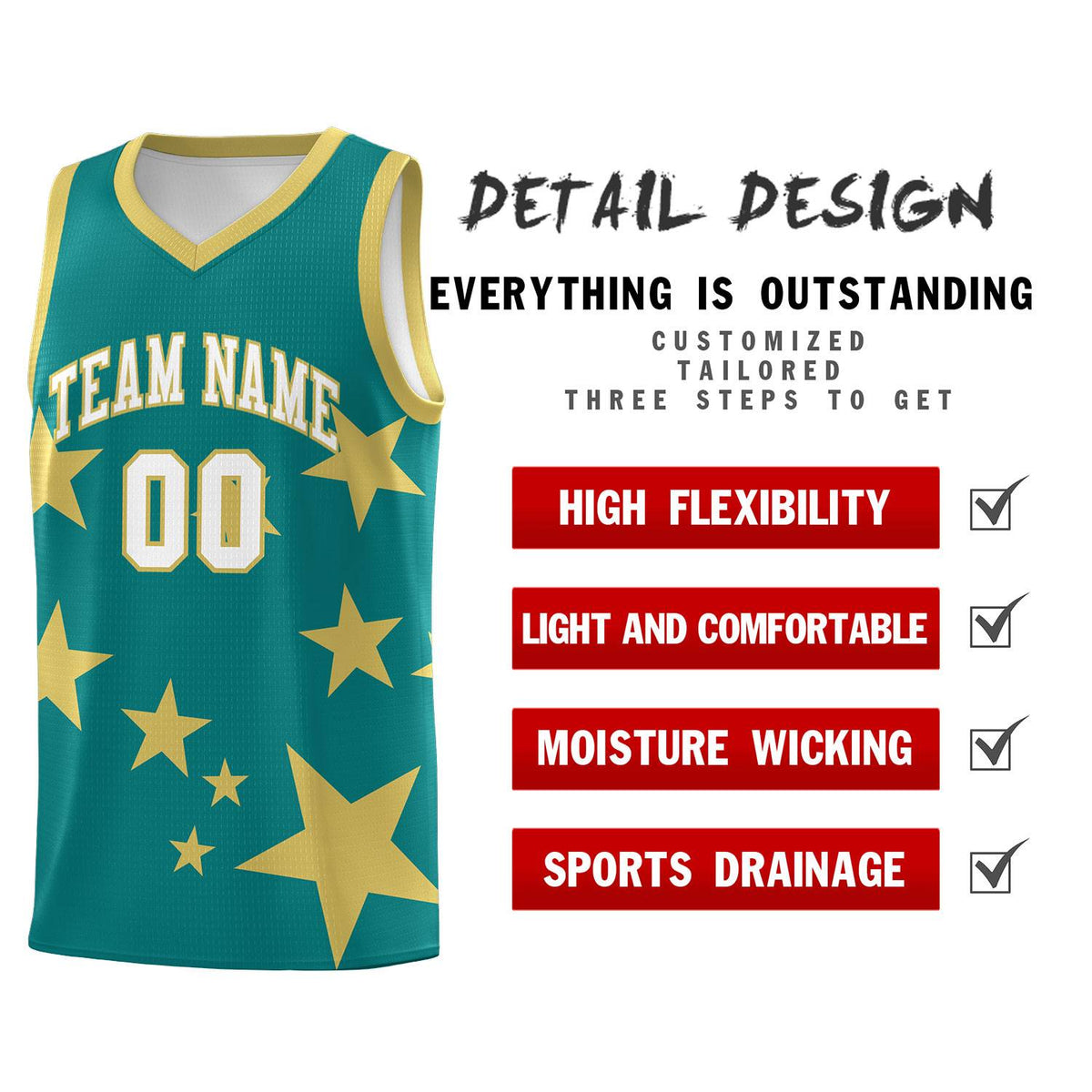 Custom Aqua Old Gold Graffiti Pattern Star Print Basketball Jersey Sets